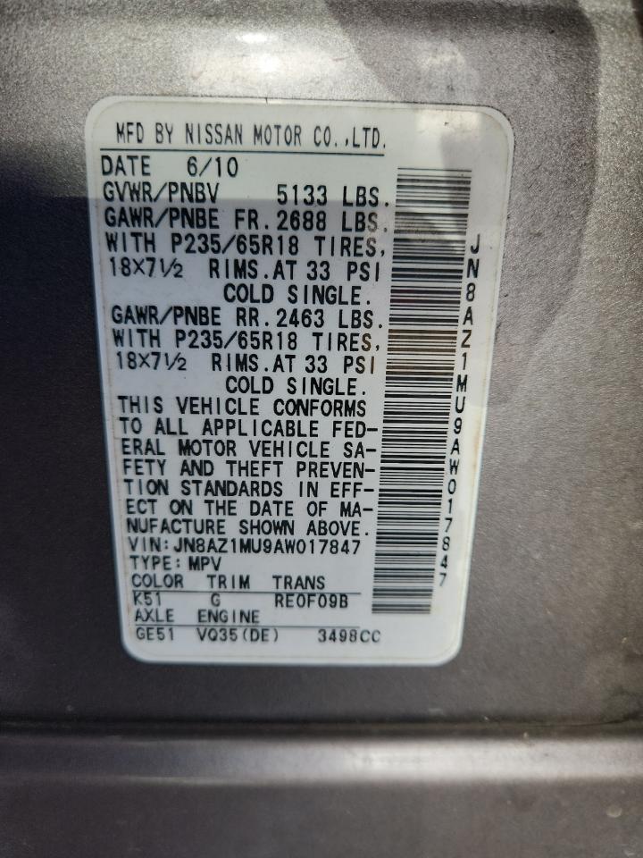2010 Nissan Murano S VIN: JN8AZ1MU9AW017847 Lot: 86538665