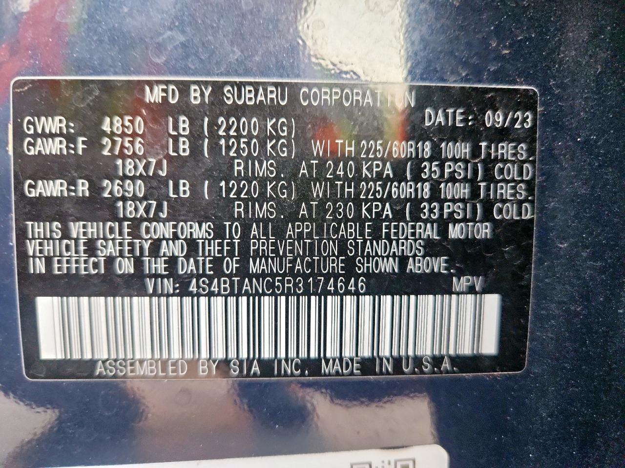 2024 Subaru Outback Limited VIN: 4S4BTANC5R3174646 Lot: 85835165