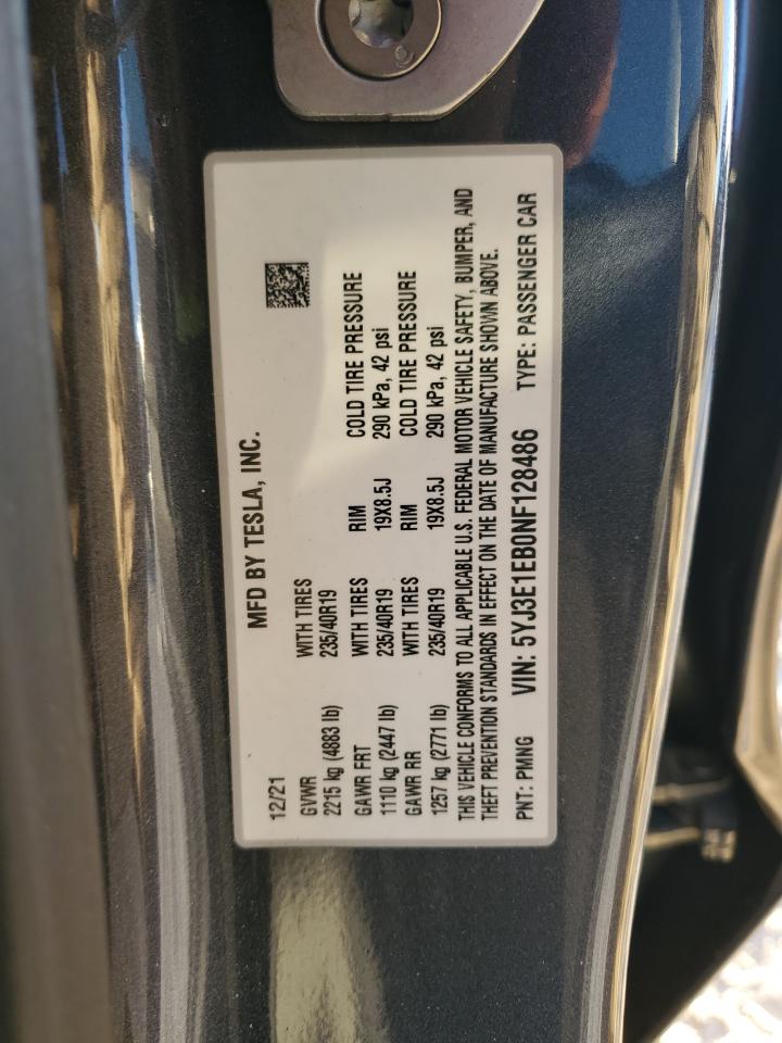 2022 Tesla Model 3 VIN: 5YJ3E1EB0NF128486 Lot: 85525265