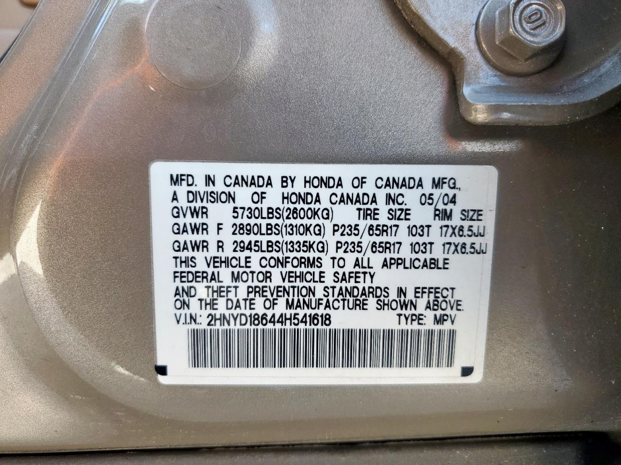 2004 Acura Mdx Touring VIN: 2HNYD18644H541618 Lot: 85646465