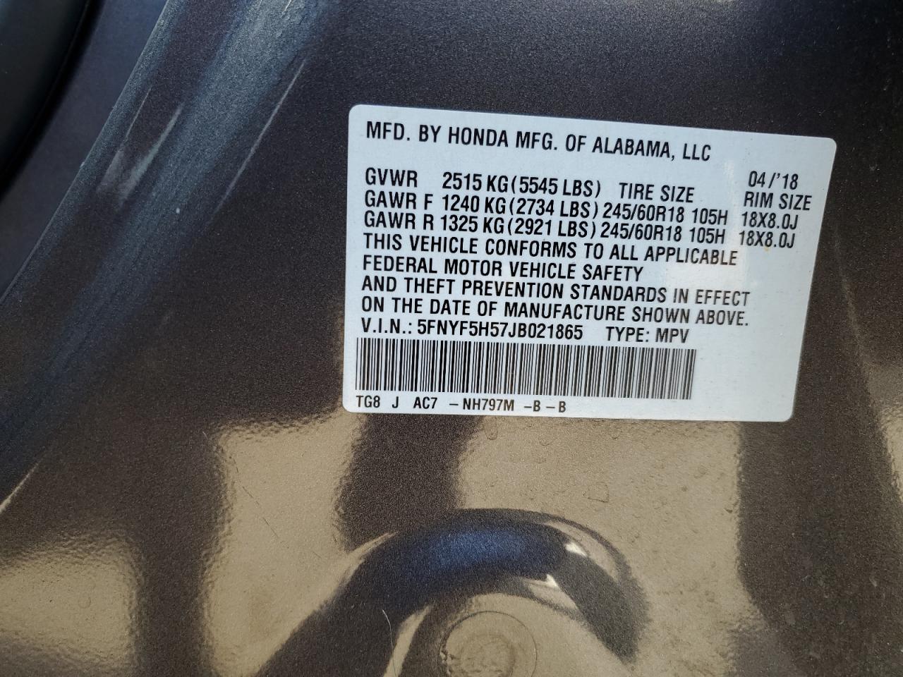 2018 Honda Pilot Exl VIN: 5FNYF5H57JB021865 Lot: 85387415