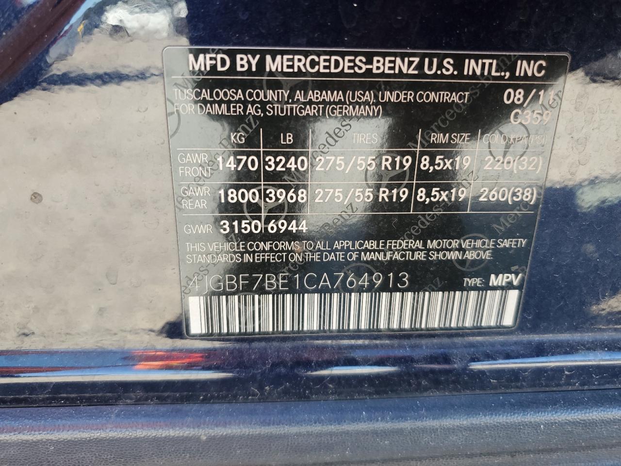 2012 Mercedes-Benz Gl 450 4Matic VIN: 4JGBF7BE1CA764913 Lot: 86991205