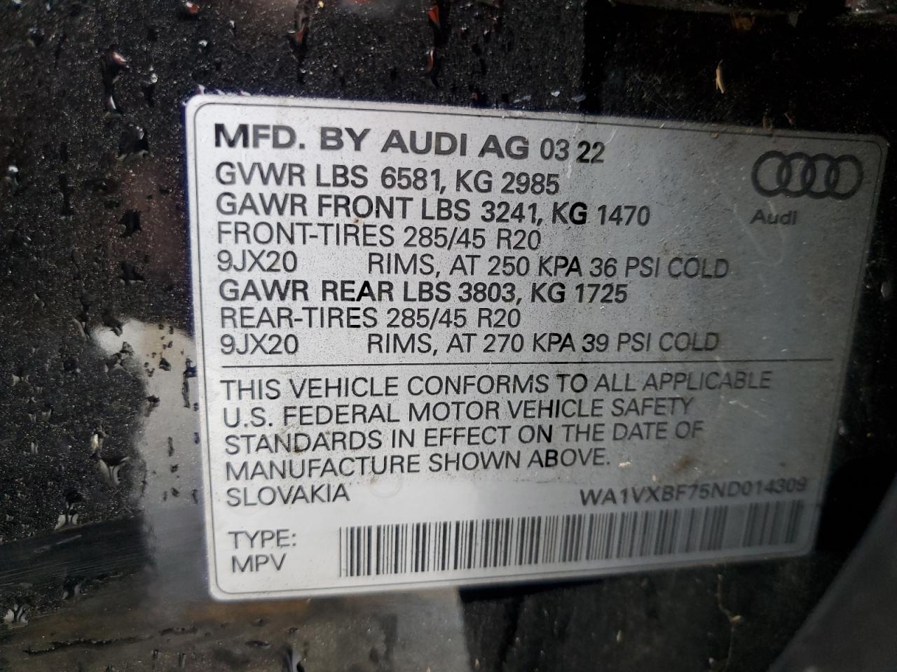 2022 Audi Q7 Prestige VIN: WA1VXBF75ND014309 Lot: 85081835