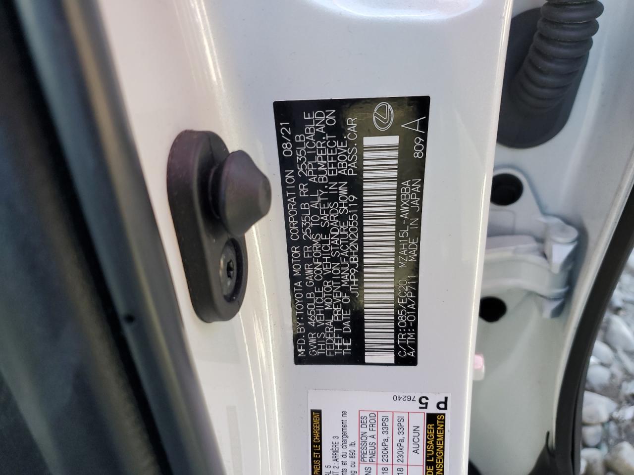 2022 Lexus Ux 250H Base VIN: JTHP9JBH2N2055119 Lot: 82373365