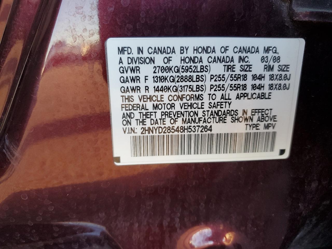 2008 Acura Mdx Sport VIN: 2HNYD28548H537264 Lot: 90461775