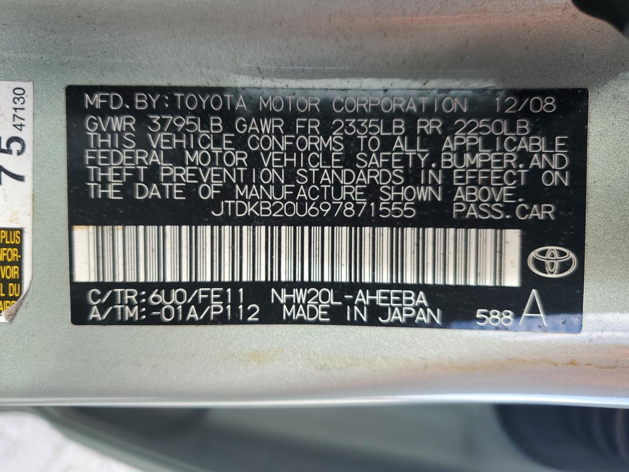 2009 Toyota Prius VIN: JTDKB20U697871555 Lot: 86185485