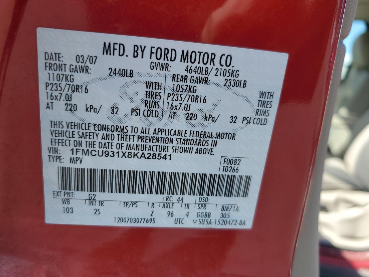 2008 Ford Escape VIN: 1FMCU931X8KA28541 Lot: 82359595