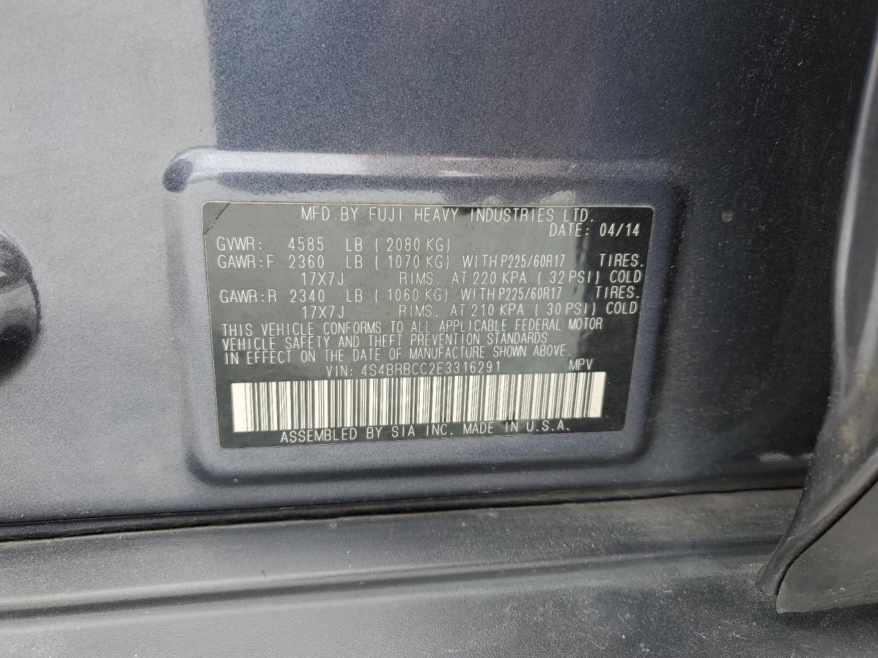 2014 Subaru Outback 2.5I Premium VIN: 4S4BRBCC2E3316291 Lot: 82428275