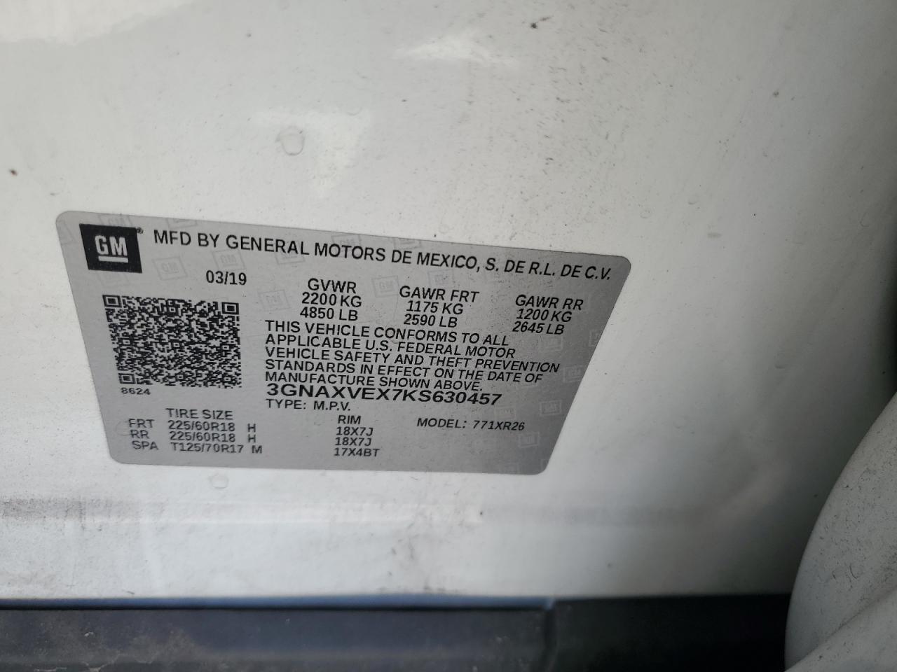 2019 Chevrolet Equinox Lt VIN: 3GNAXVEX7KS630457 Lot: 85588985