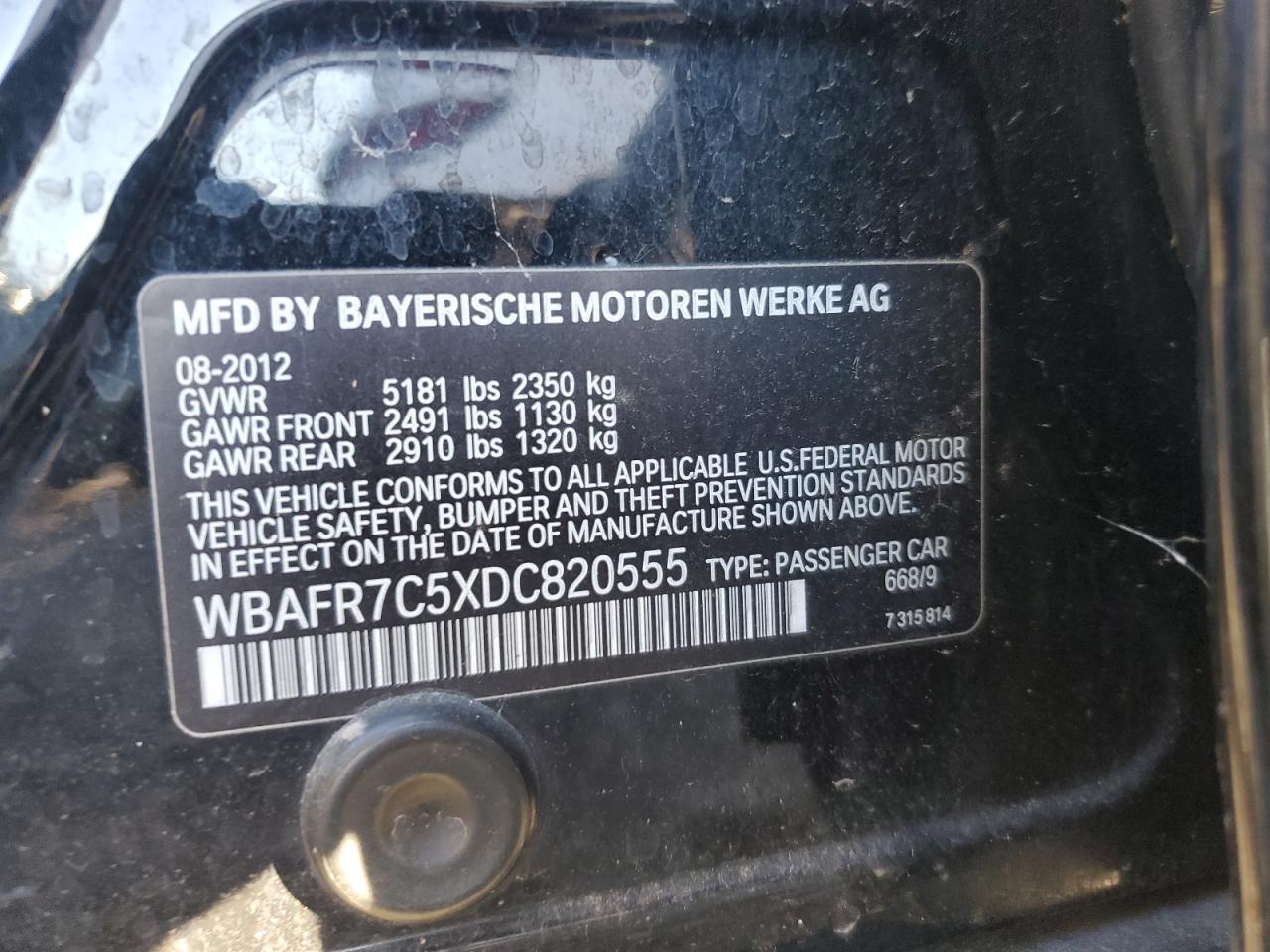 2013 BMW 535 I VIN: WBAFR7C5XDC820555 Lot: 86656615