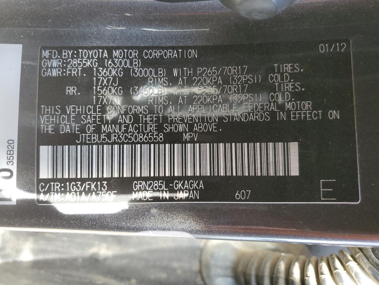 2012 Toyota 4Runner Sr5 VIN: JTEBU5JR3C5086558 Lot: 85369465