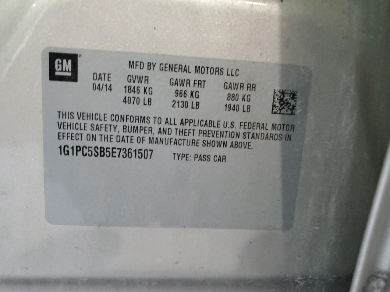 2014 Chevrolet Cruze Lt VIN: 1G1PC5SB5E7361507 Lot: 82226735