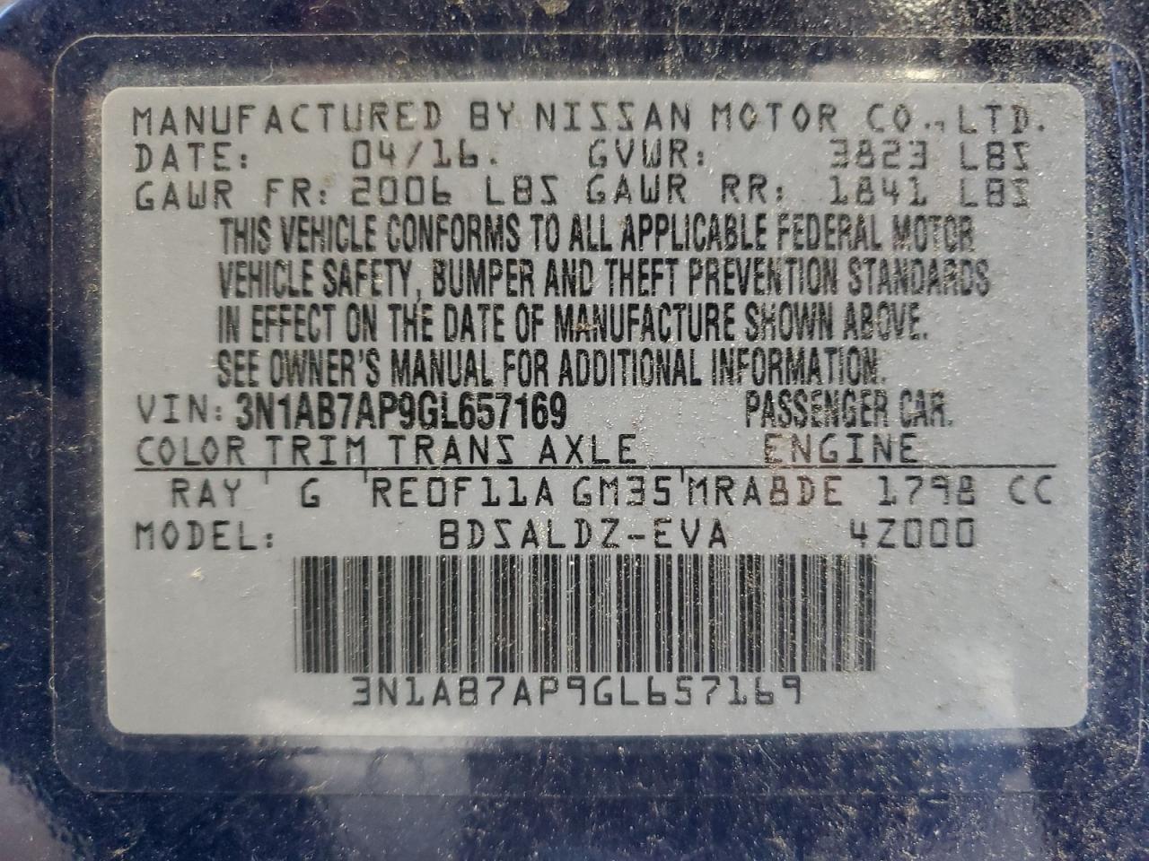 2016 Nissan Sentra S VIN: 3N1AB7AP9GL657169 Lot: 84872145