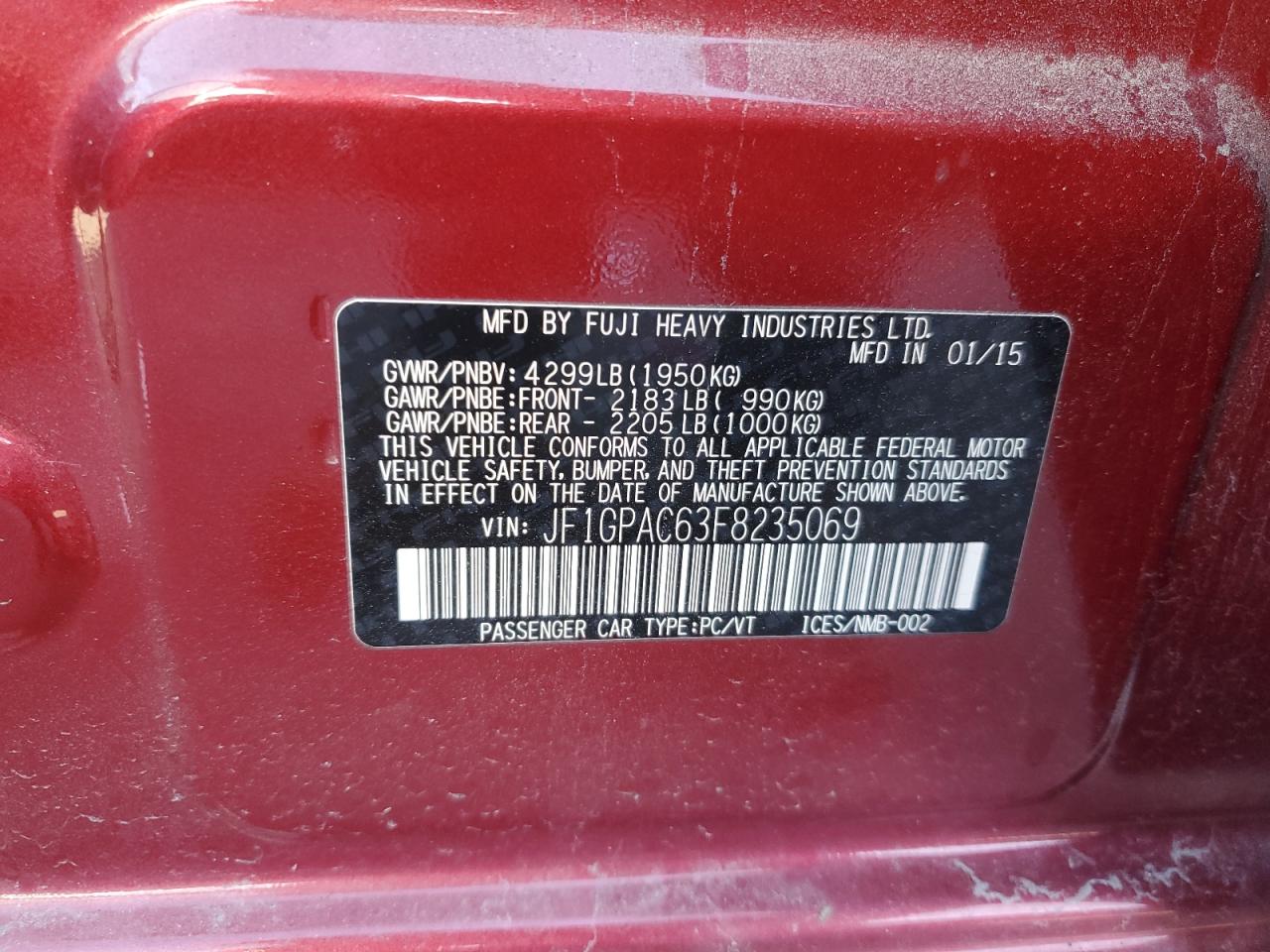 2015 Subaru Impreza Premium VIN: JF1GPAC63F8235069 Lot: 84619825