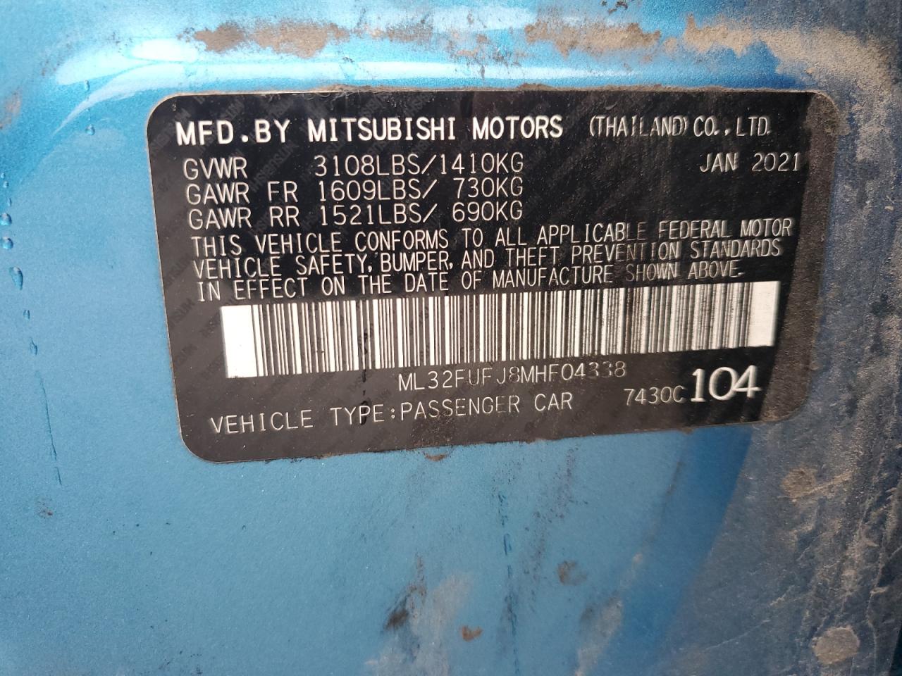 2021 Mitsubishi Mirage G4 Es VIN: ML32FUFJ8MHF04338 Lot: 84951695