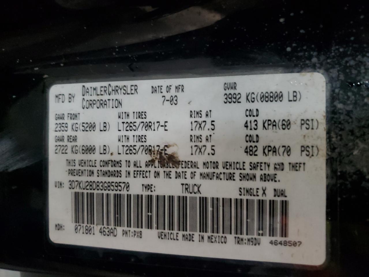2003 Dodge Ram 2500 St VIN: 3D7KU28D83G859570 Lot: 82289165