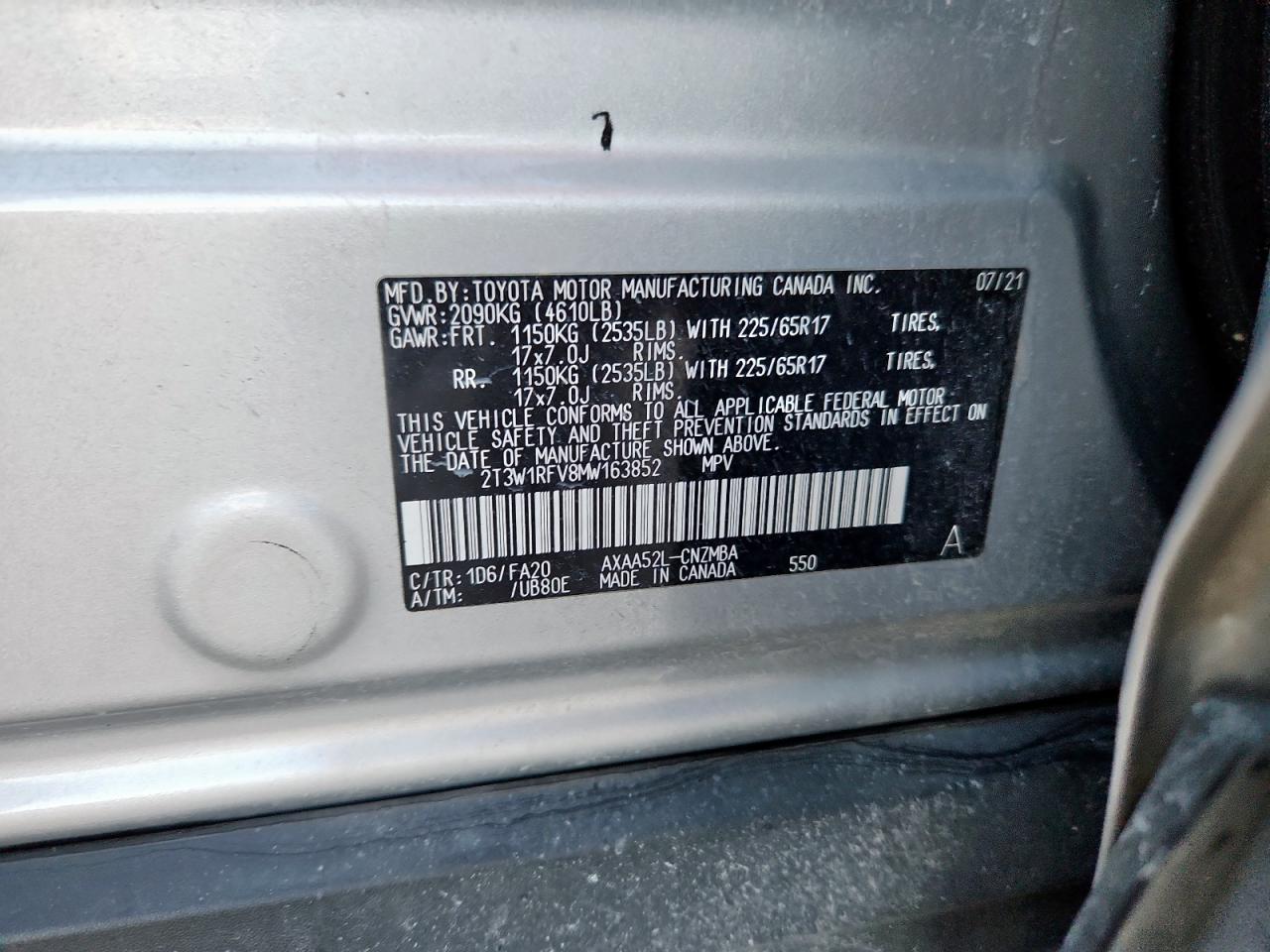 2021 Toyota Rav4 Xle VIN: 2T3W1RFV8MW163852 Lot: 85301895