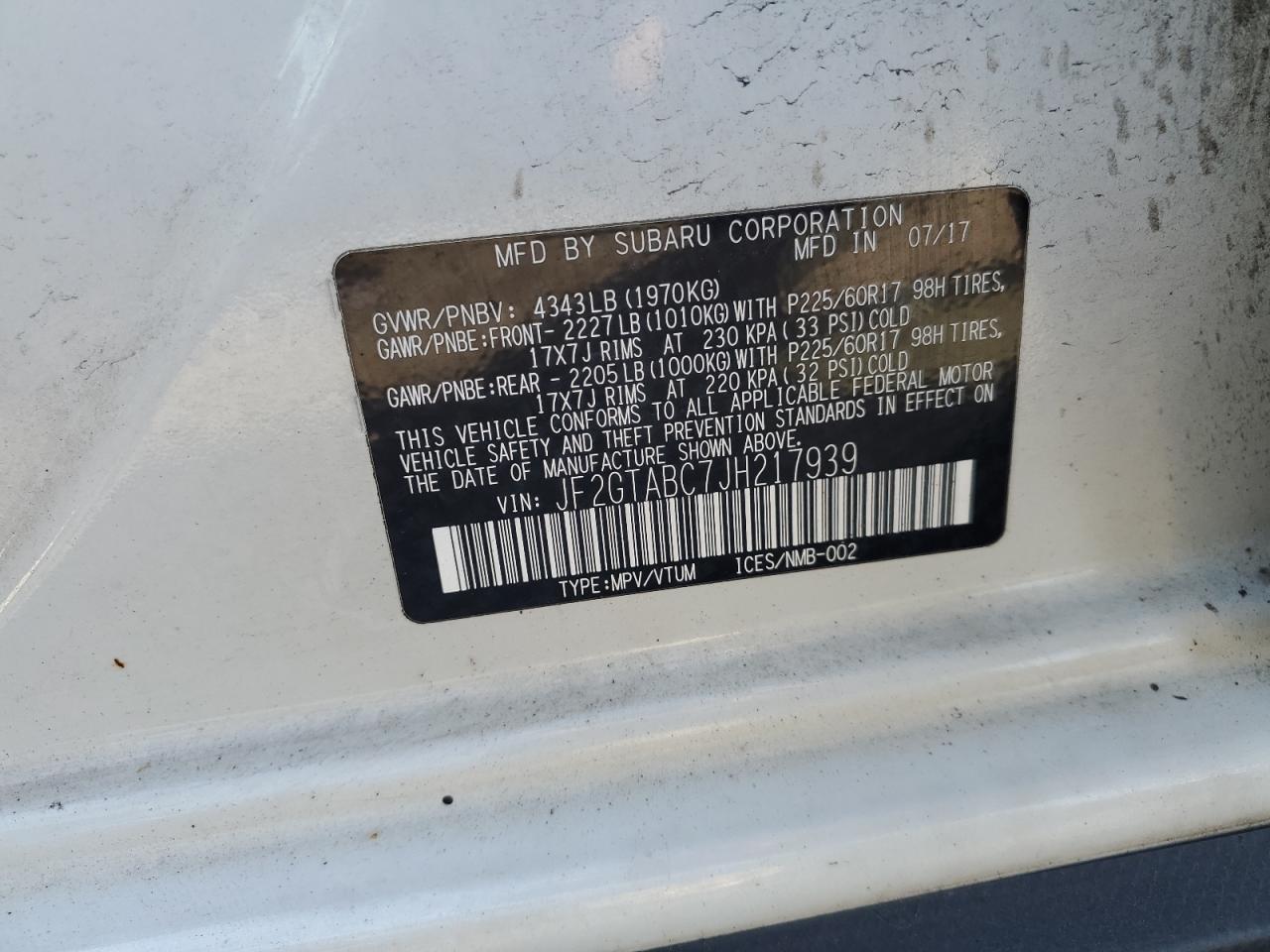 2018 Subaru Crosstrek Premium VIN: JF2GTABC7JH217939 Lot: 85109045