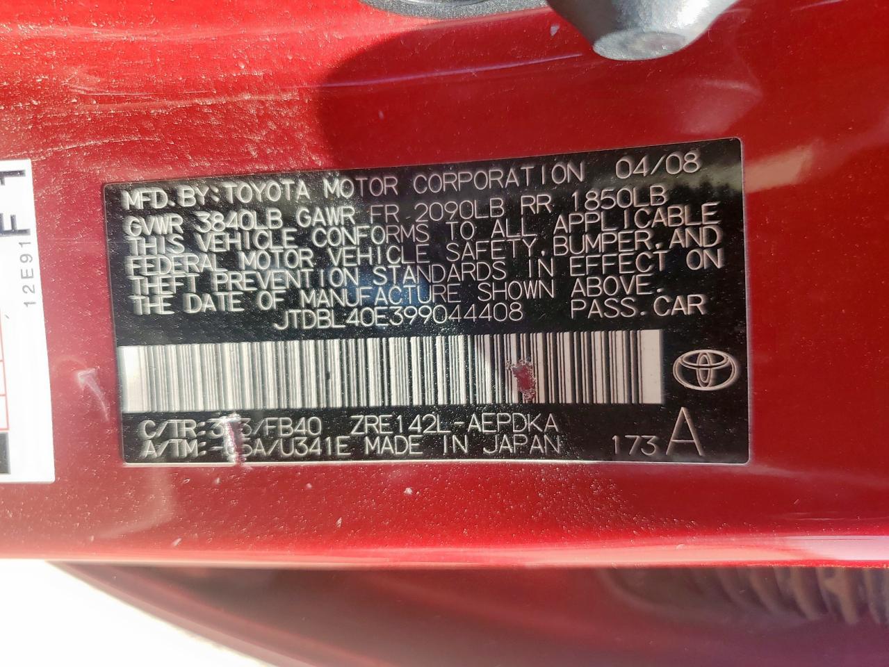 2009 Toyota Corolla Base VIN: JTDBL40E399044408 Lot: 86322025