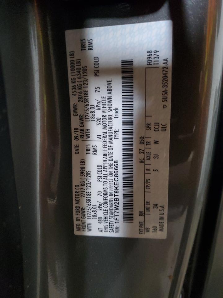 2019 Ford F250 Super Duty VIN: 1FT7W2BT8KEC86668 Lot: 81995855