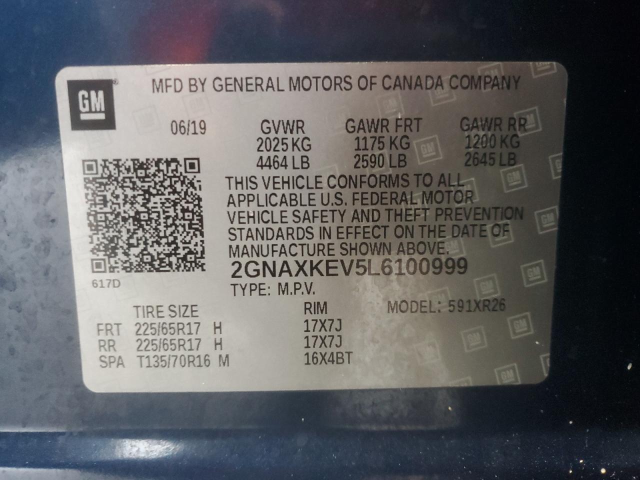 2020 Chevrolet Equinox Lt VIN: 2GNAXKEV5L6100999 Lot: 81785735