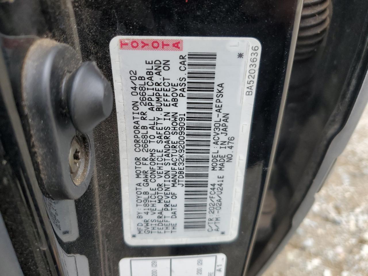 2002 Toyota Camry Le VIN: JTDBE32K920099091 Lot: 84761675