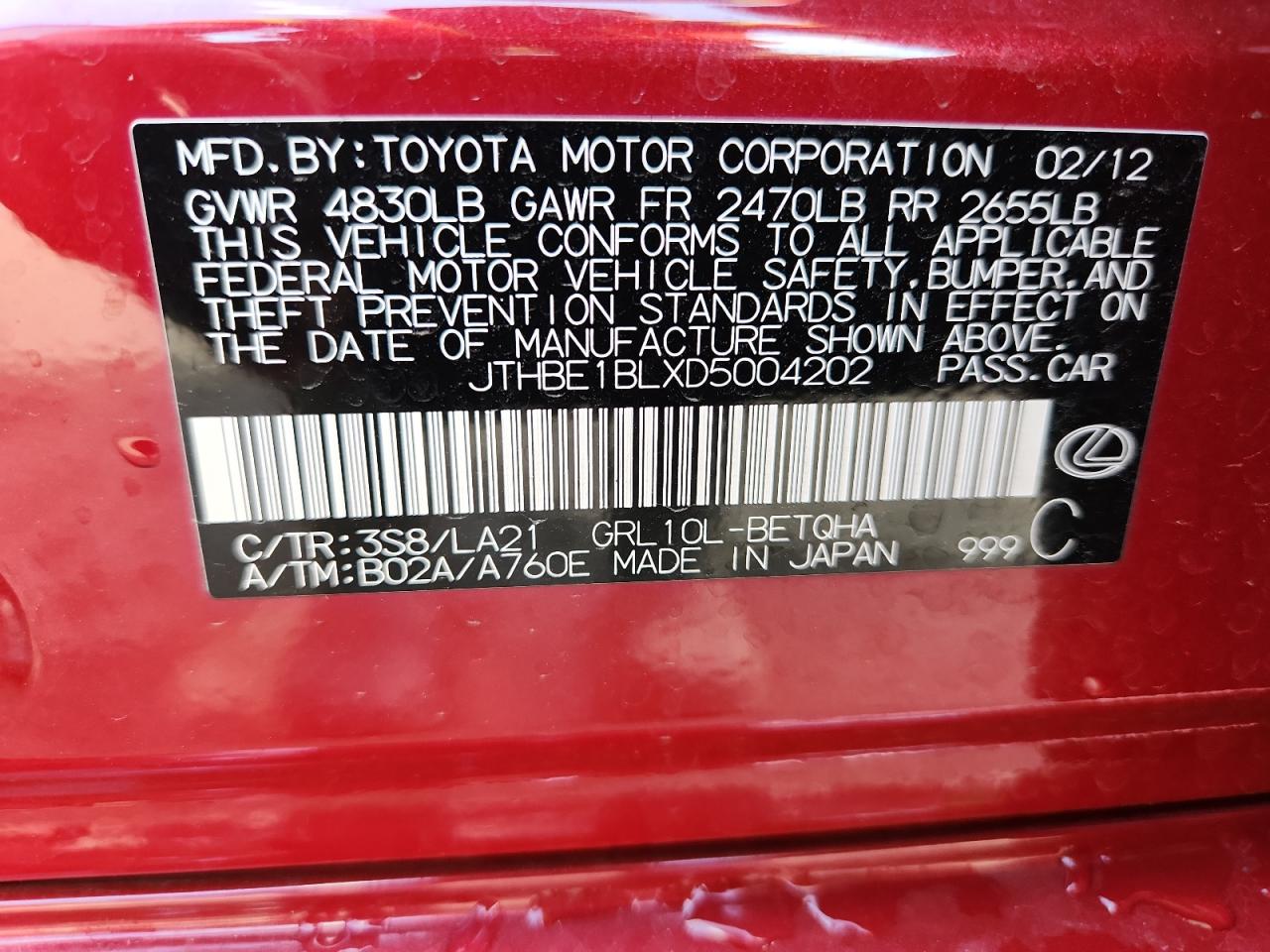 2013 Lexus Gs 350 VIN: JTHBE1BLXD5004202 Lot: 87071765