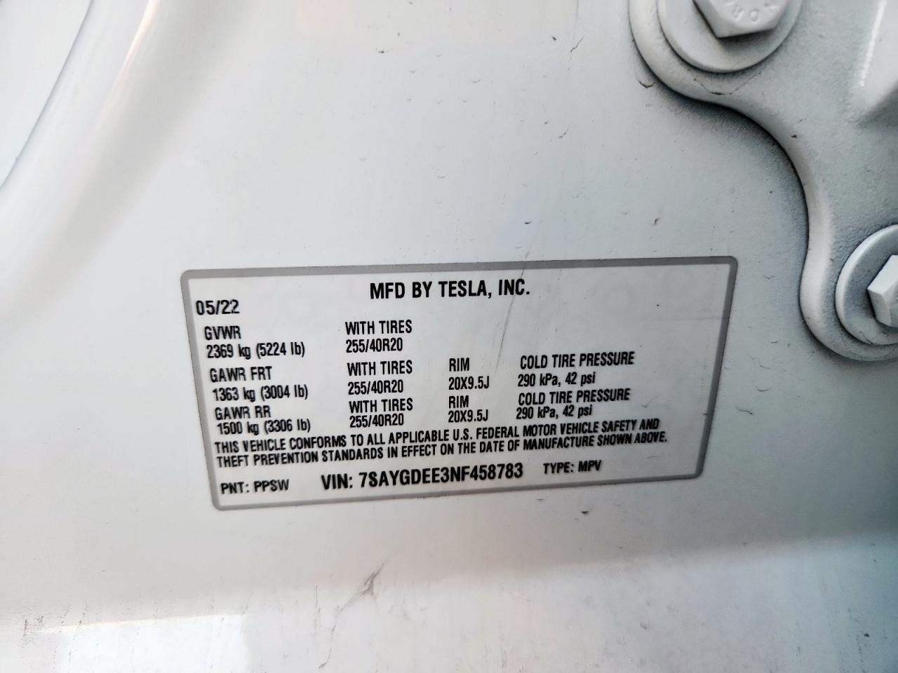 2022 Tesla Model Y VIN: 7SAYGDEE3NF458783 Lot: 81939135