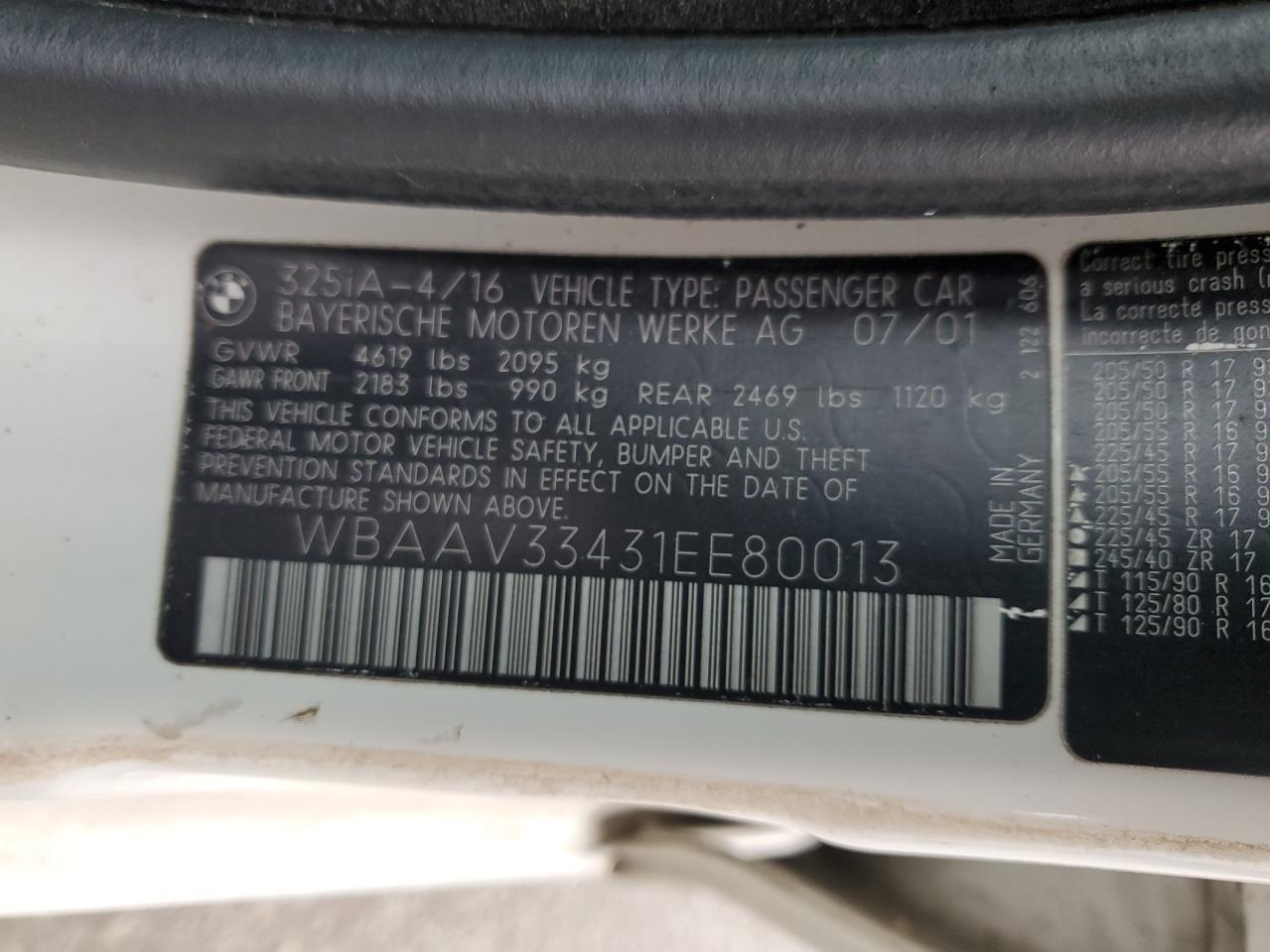 2001 BMW 325 I VIN: WBAAV33431EE80013 Lot: 89847125