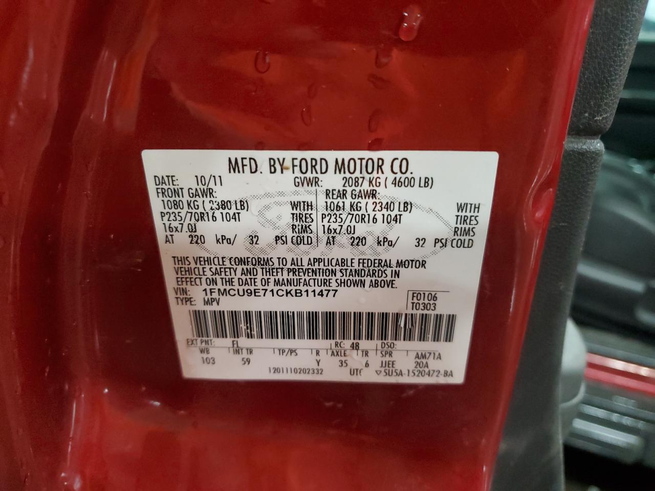 2012 Ford Escape Limited VIN: 1FMCU9E71CKB11477 Lot: 86116735