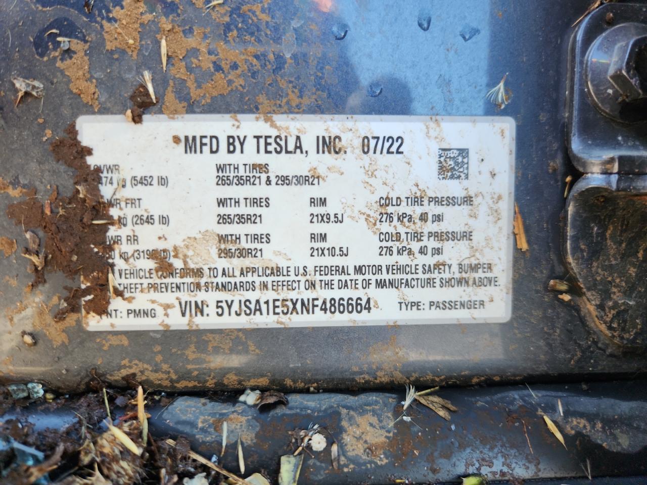 2022 Tesla Model S VIN: 5YJSA1E5XNF486664 Lot: 85928235