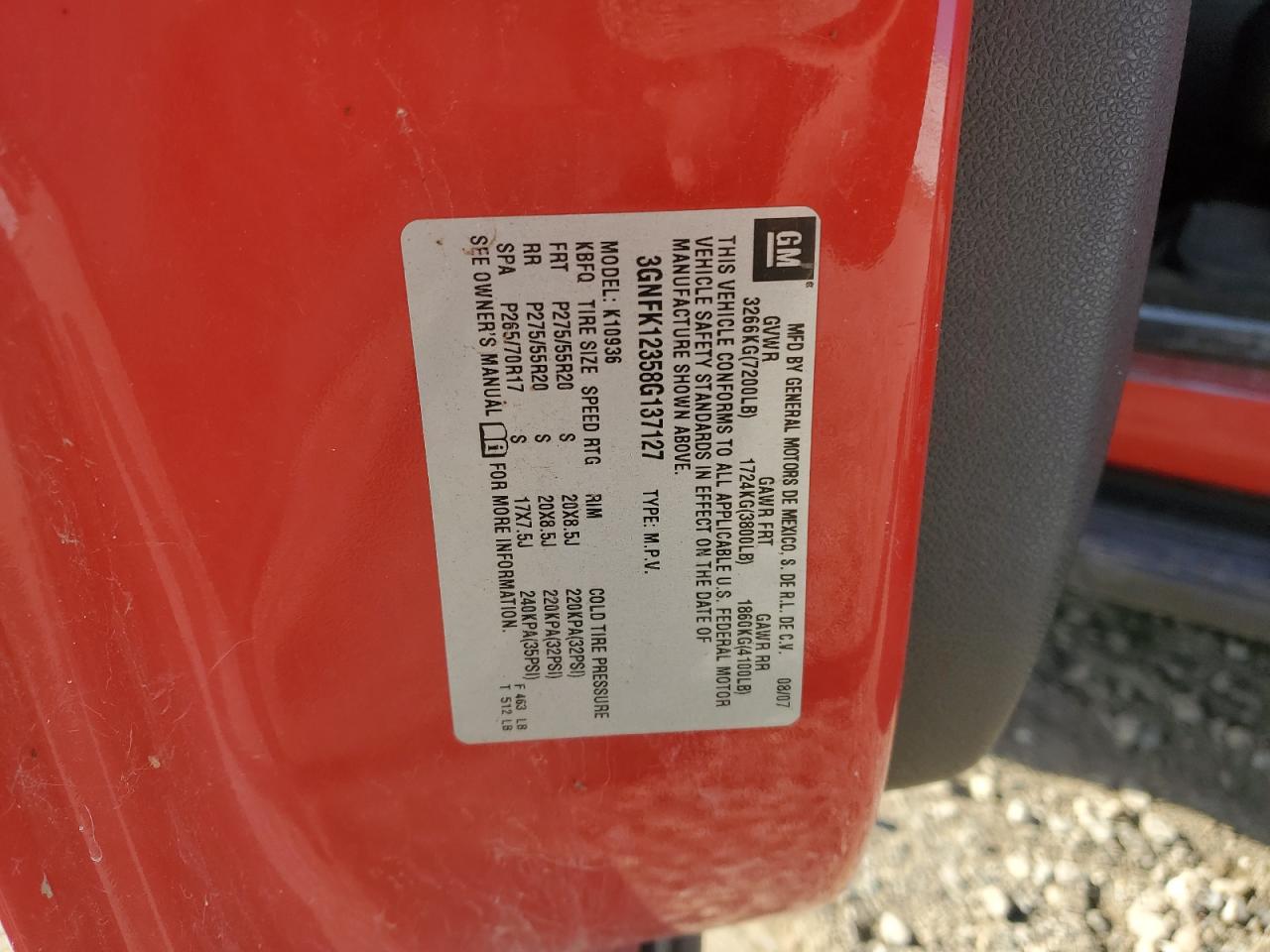 2008 Chevrolet Avalanche K1500 VIN: 3GNFK12358G137127 Lot: 82267305