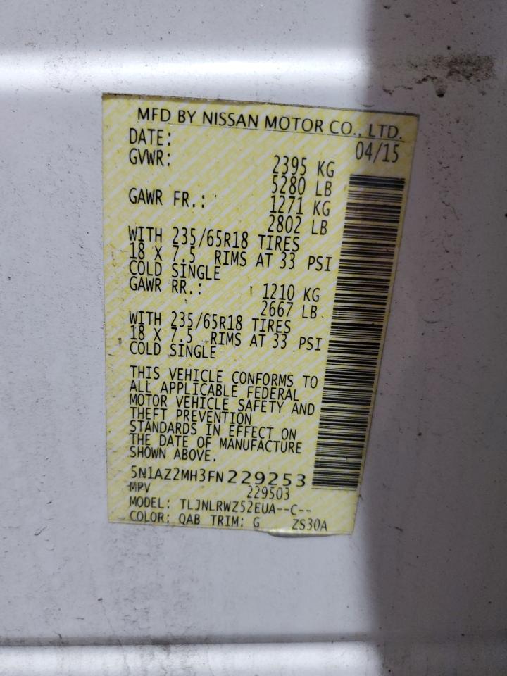 2015 Nissan Murano S VIN: 5N1AZ2MH3FN229253 Lot: 85734525