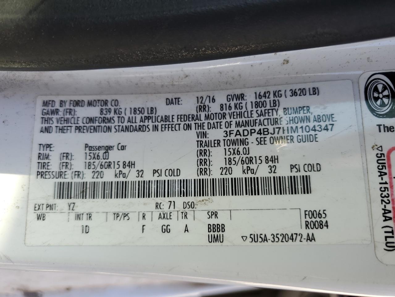 2017 Ford Fiesta Se VIN: 3FADP4BJ7HM104347 Lot: 85202845