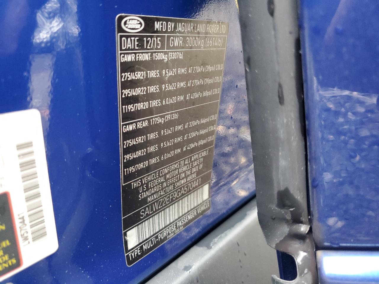 2016 Land Rover Range Rover Sport Svr VIN: SALWZ2EF9GA570441 Lot: 86699725