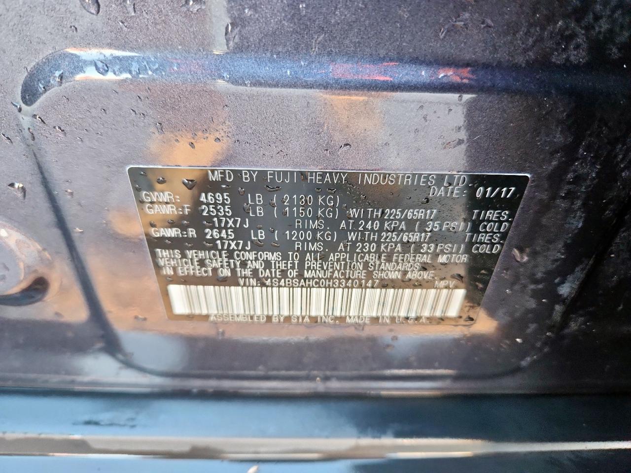 2017 Subaru Outback 2.5I Premium VIN: 4S4BSAHC0H3340147 Lot: 86179585