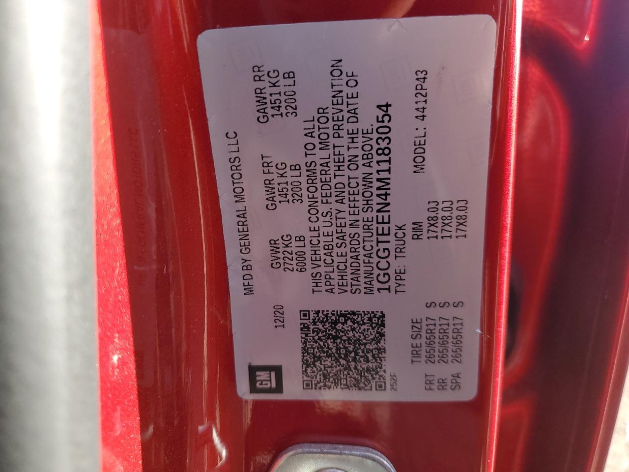 2021 Chevrolet Colorado Zr2 VIN: 1GCGTEEN4M1183054 Lot: 86114925