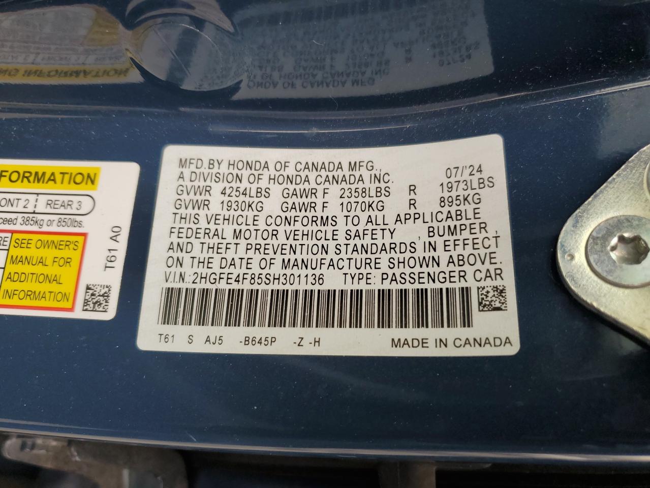 2025 Honda Civic Sport VIN: 2HGFE4F85SH301136 Lot: 86309265