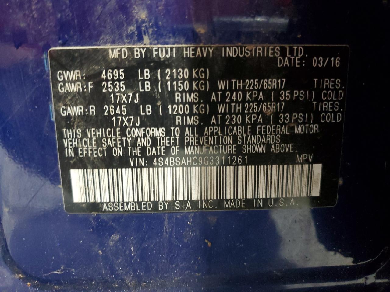 2016 Subaru Outback 2.5I Premium VIN: 4S4BSAHC9G3311261 Lot: 84066035