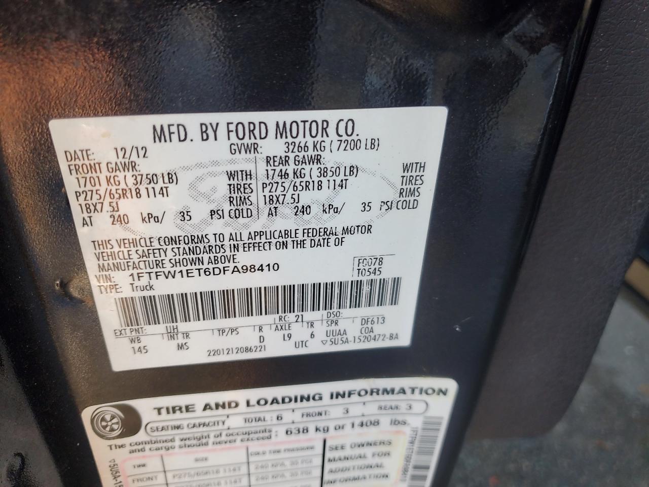 2013 Ford F150 Supercrew VIN: 1FTFW1ET6DFA98410 Lot: 89697185