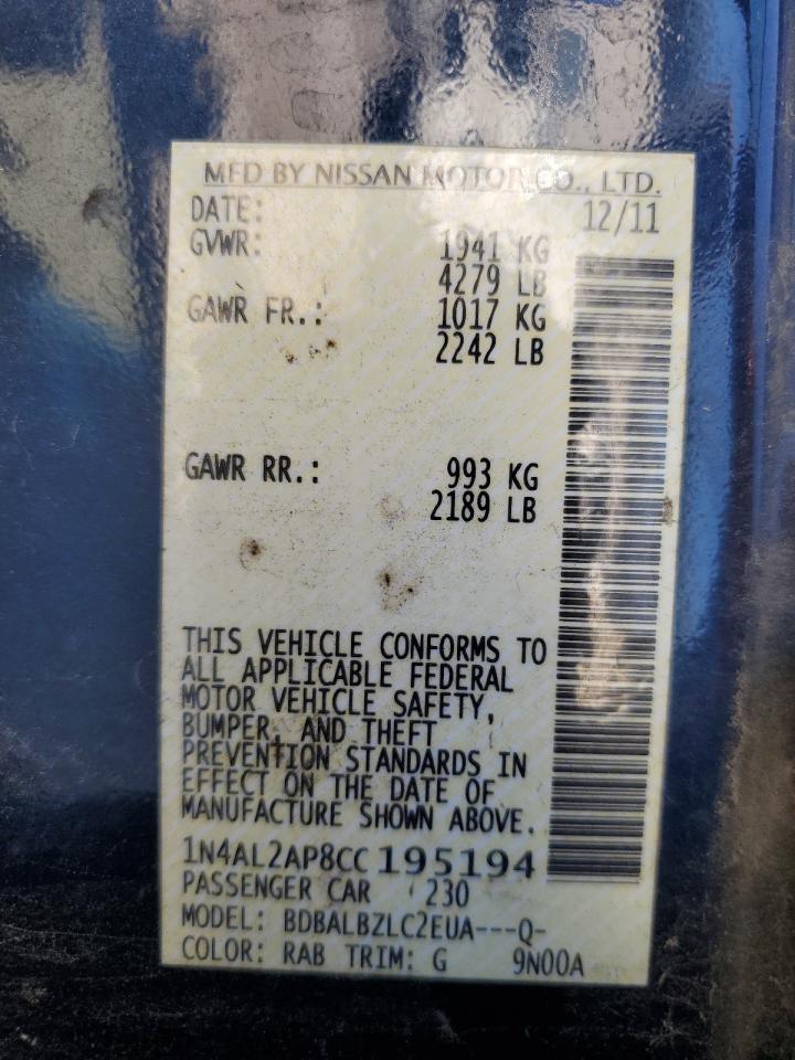 2012 Nissan Altima Base VIN: 1N4AL2AP8CC195194 Lot: 85538315