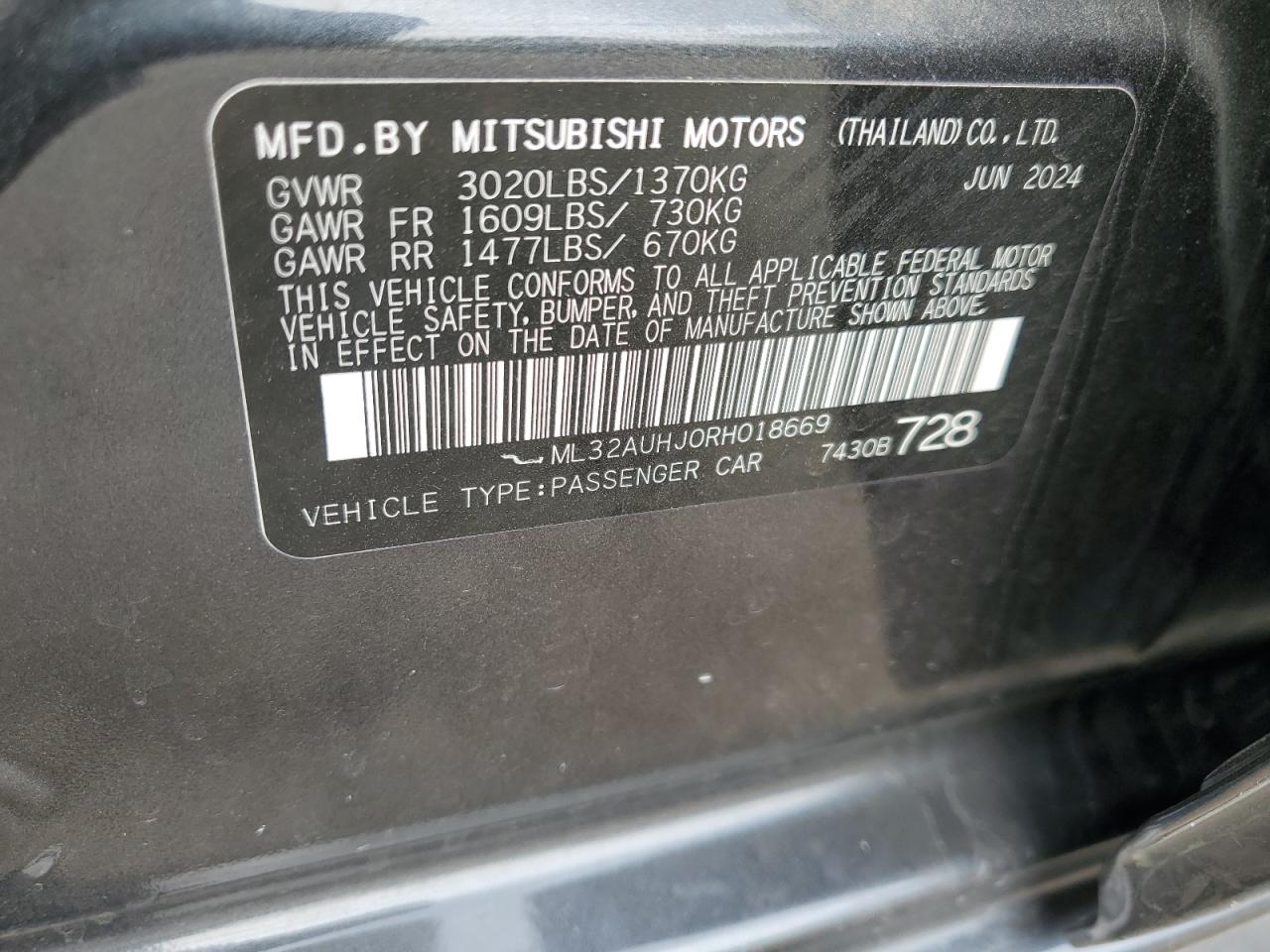 2024 Mitsubishi Mirage Es VIN: ML32AUHJ0RH018669 Lot: 87115255