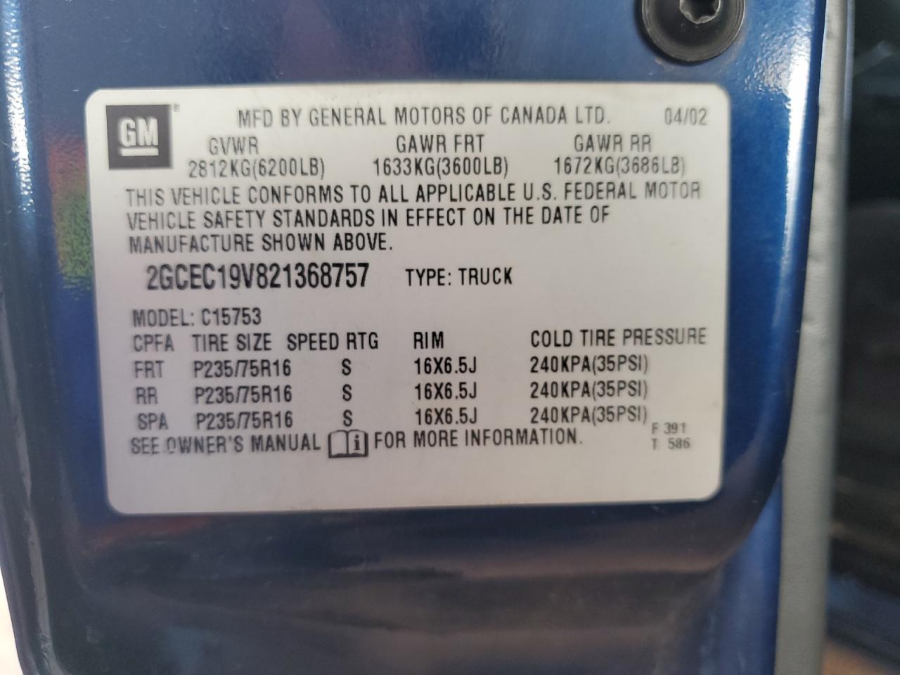 2002 Chevrolet Silverado C1500 VIN: 2GCEC19V821368757 Lot: 82402475