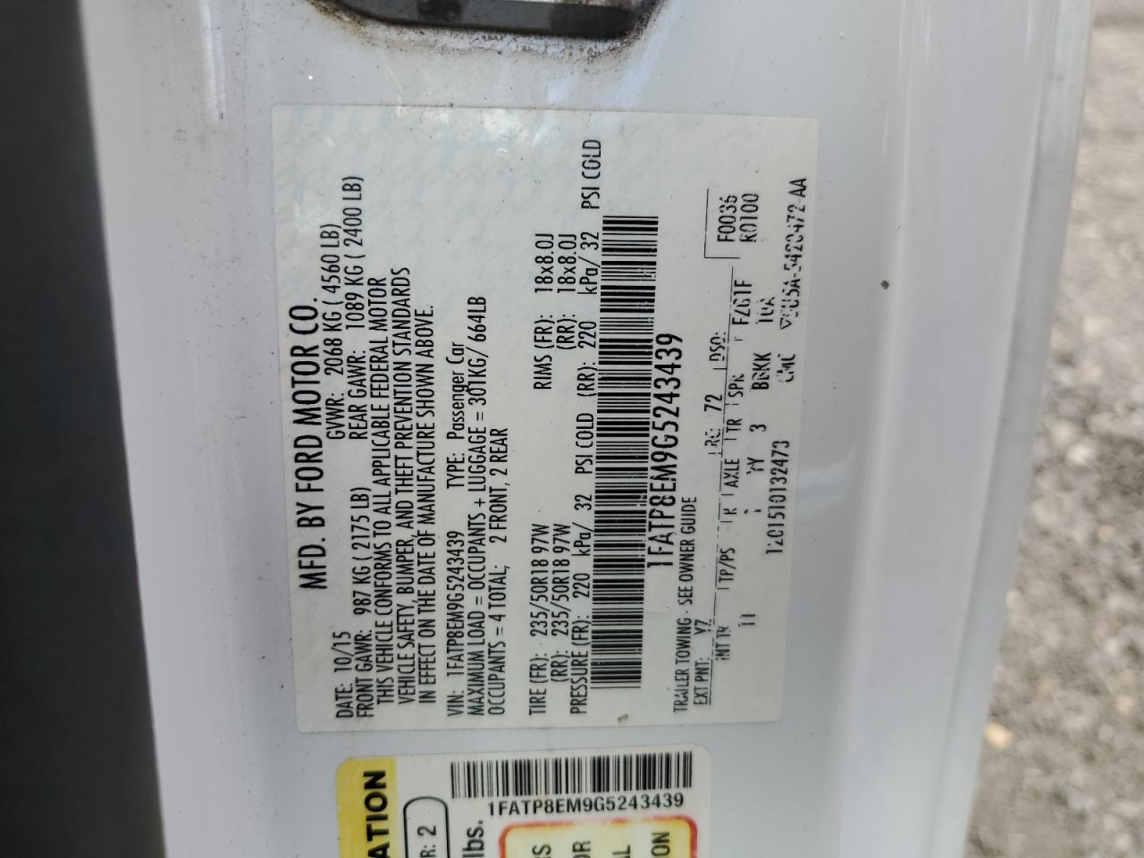 2016 Ford Mustang VIN: 1FATP8EM9G5243439 Lot: 84819835