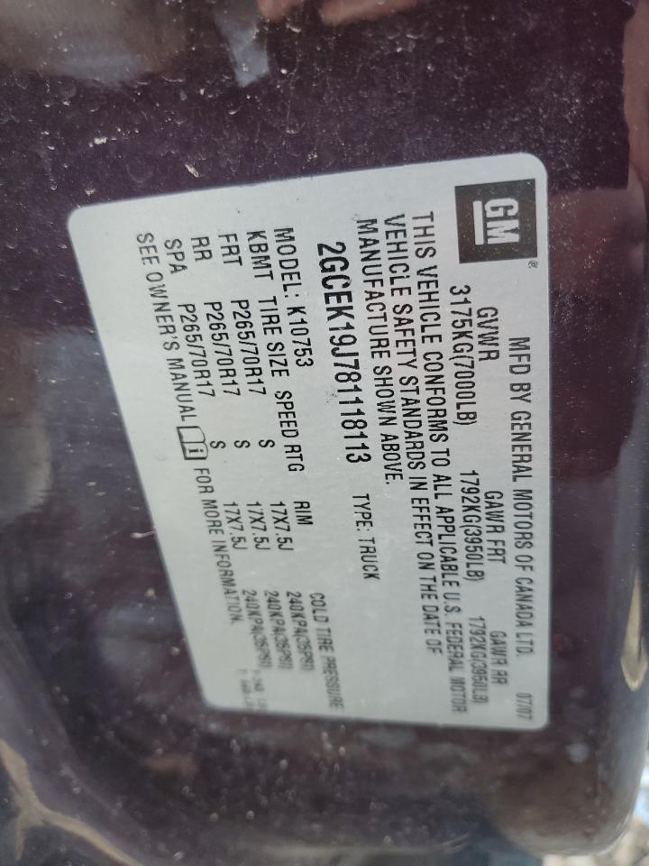 2008 Chevrolet Silverado K1500 VIN: 2GCEK19J781118113 Lot: 84470855