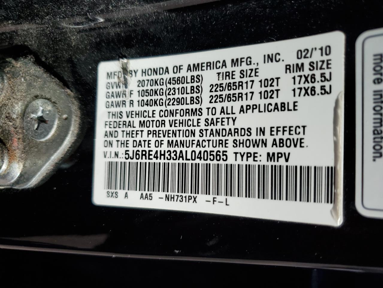 2010 Honda Cr-V Lx VIN: 5J6RE4H33AL040565 Lot: 86998805