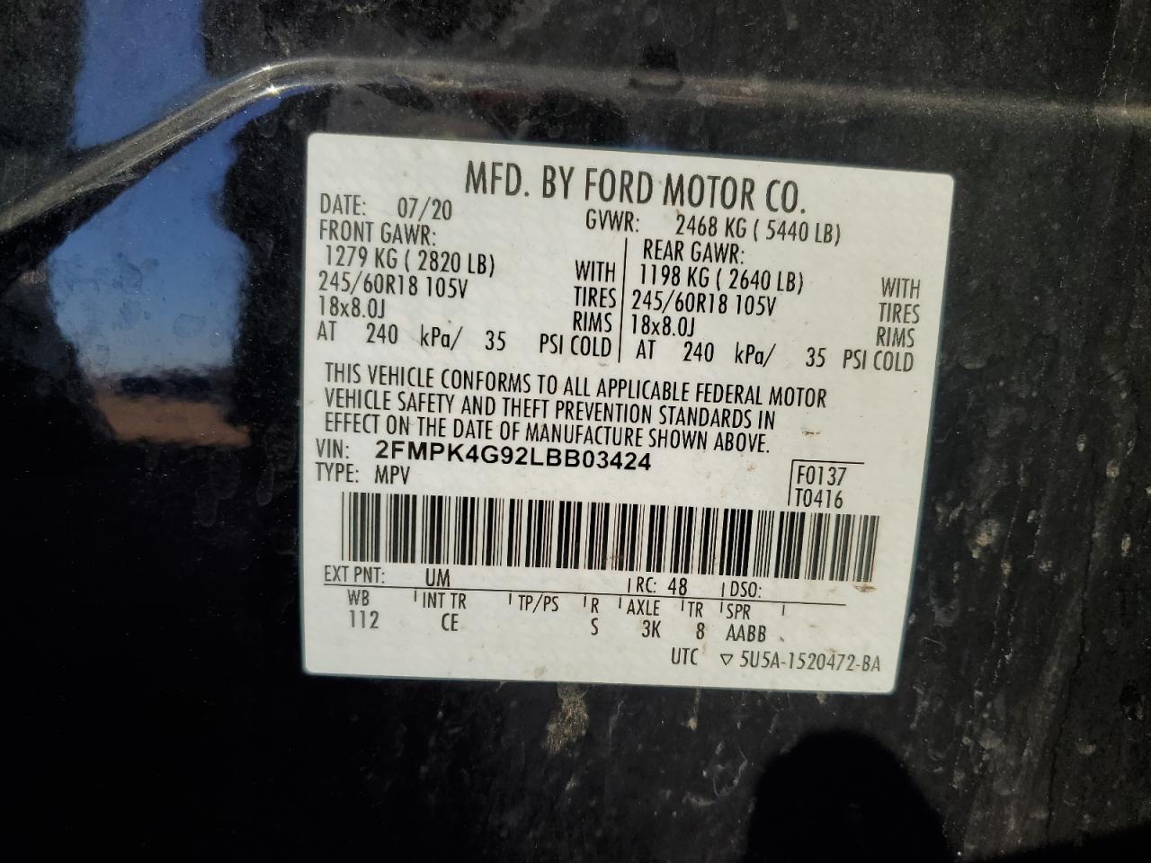 2020 Ford Edge Se VIN: 2FMPK4G92LBB03424 Lot: 84278085