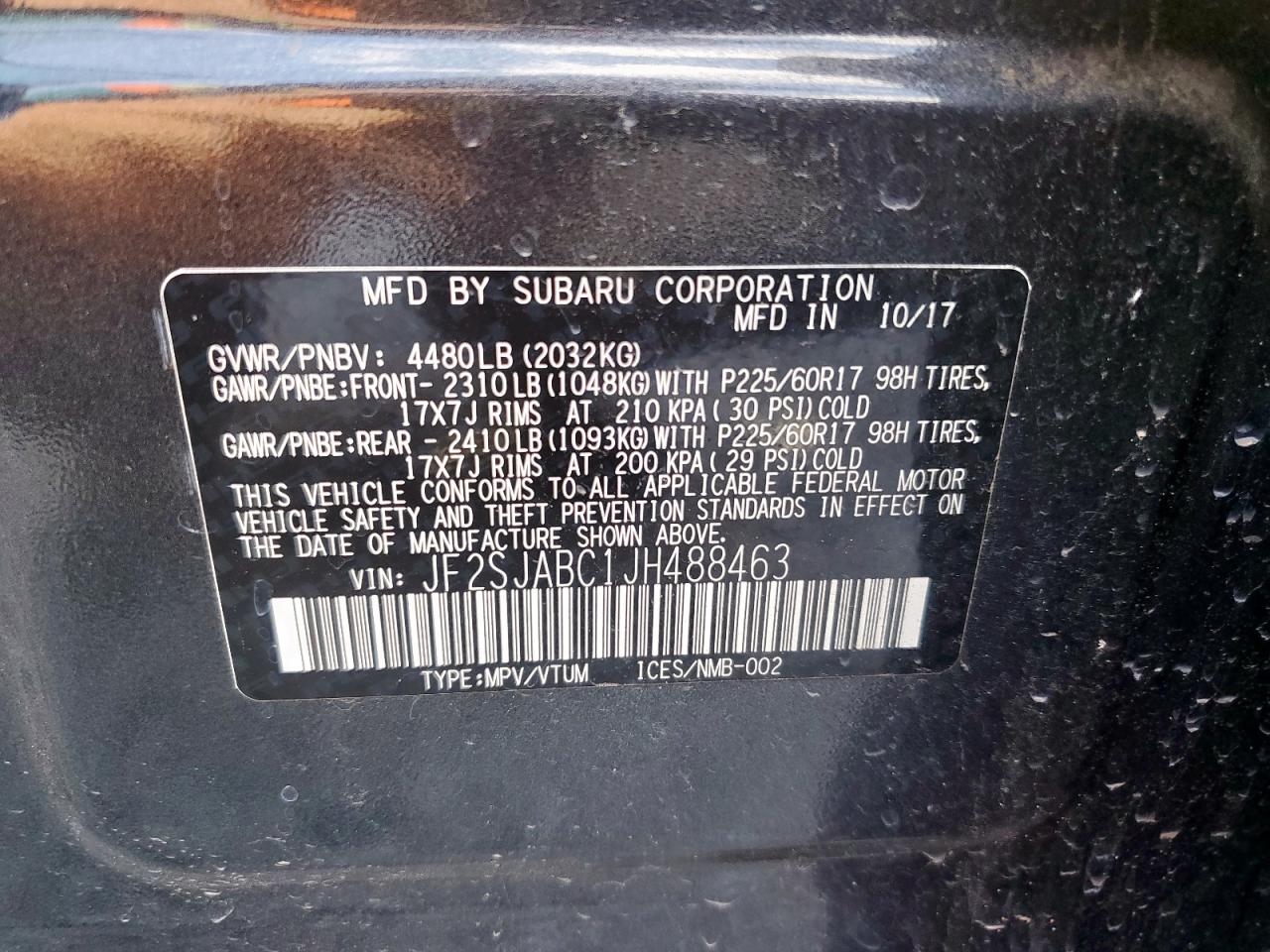 2018 Subaru Forester 2.5I VIN: JF2SJABC1JH488463 Lot: 84765565