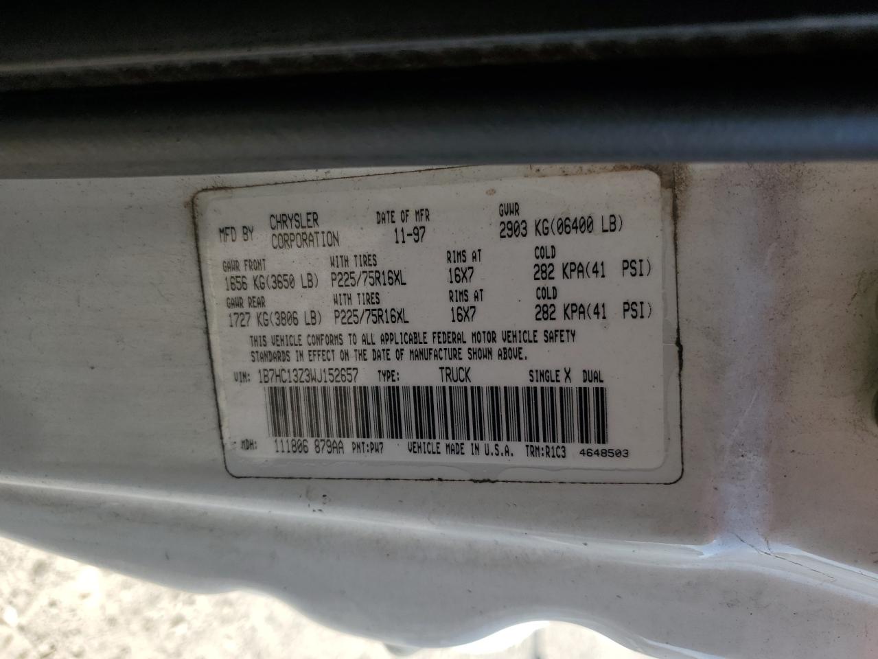 1998 Dodge Ram 1500 VIN: 1B7HC13Z3WJ152657 Lot: 86874595