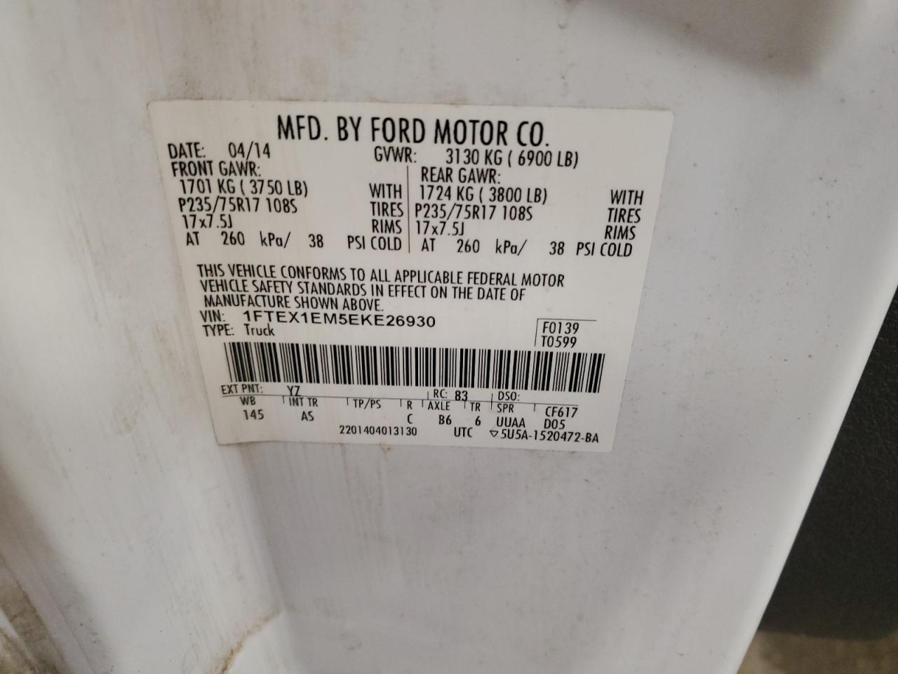 2014 Ford F150 Super Cab VIN: 1FTEX1EM5EKE26930 Lot: 85710835